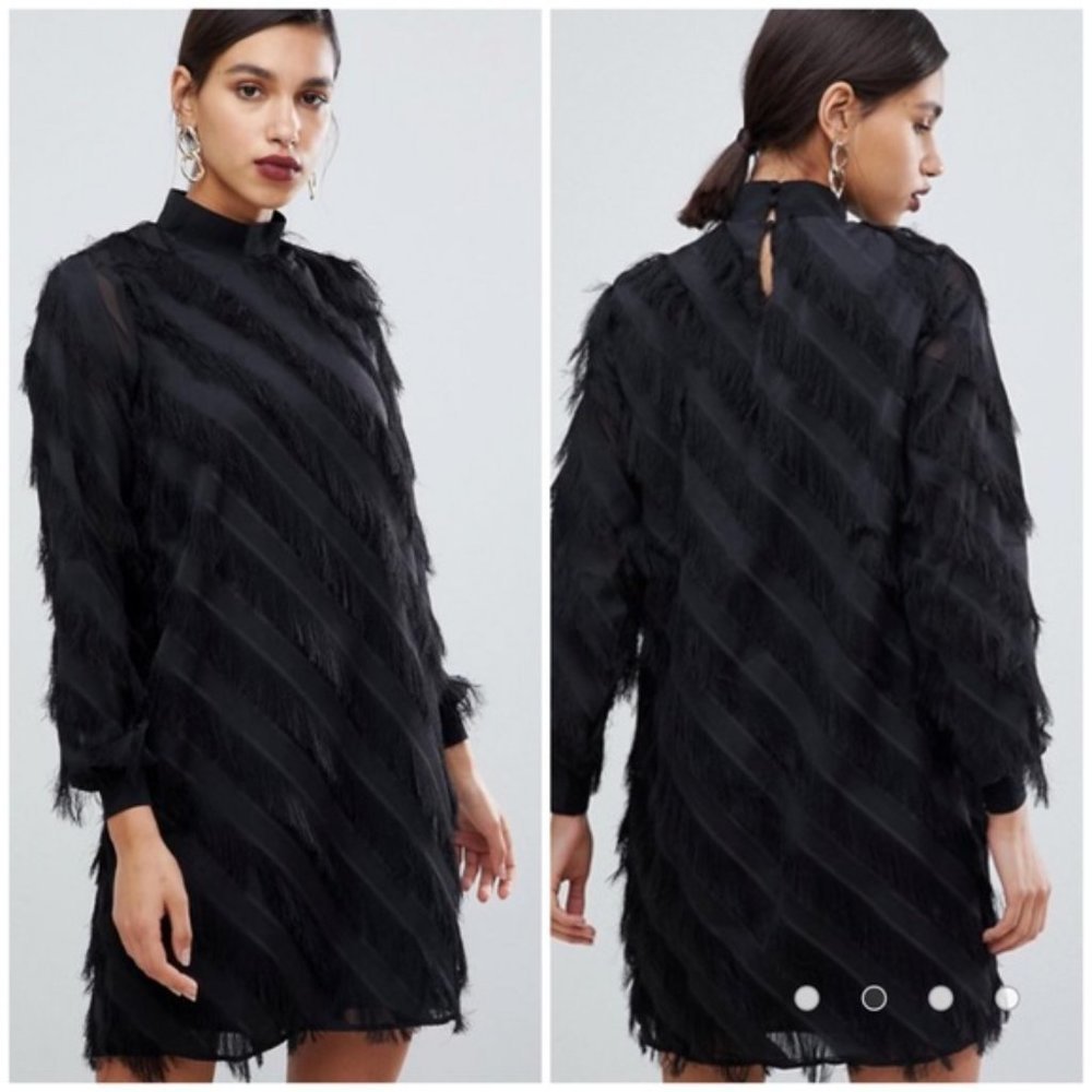 Y.A.S Yasdia Long Sleeve Fringe Stripe High Neck Mini Dress In Black NWT Large